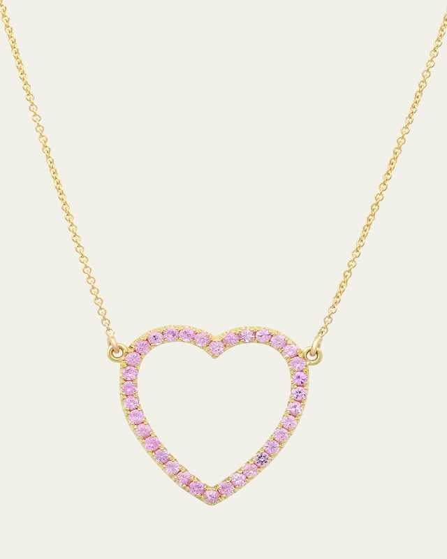 18K Yellow Gold Large Open Heart Necklace with Pink Sapphires